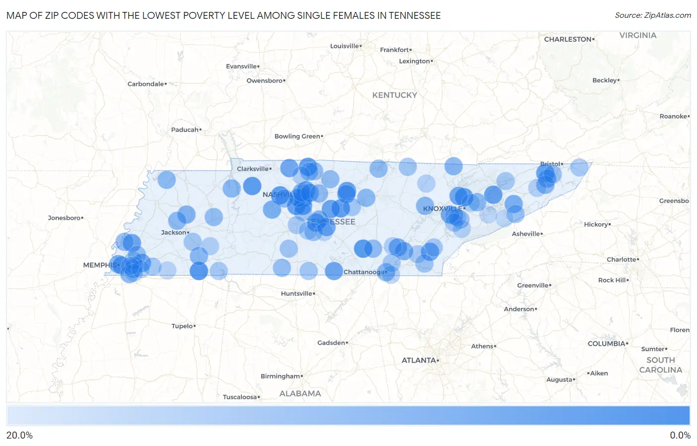 Zip Codes with the Lowest Poverty Level Among Single Females in Tennessee Map
