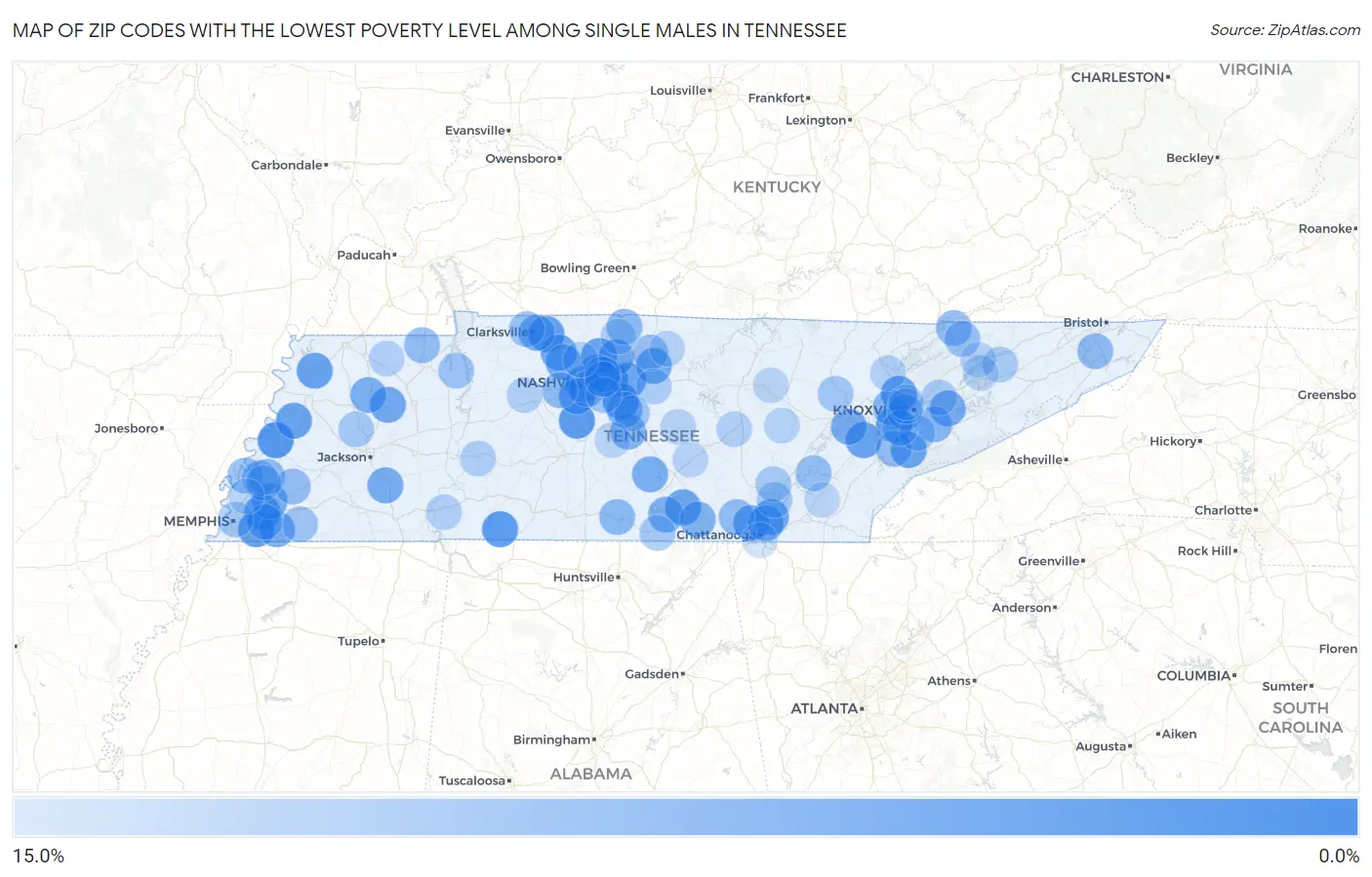 Zip Codes with the Lowest Poverty Level Among Single Males in Tennessee Map