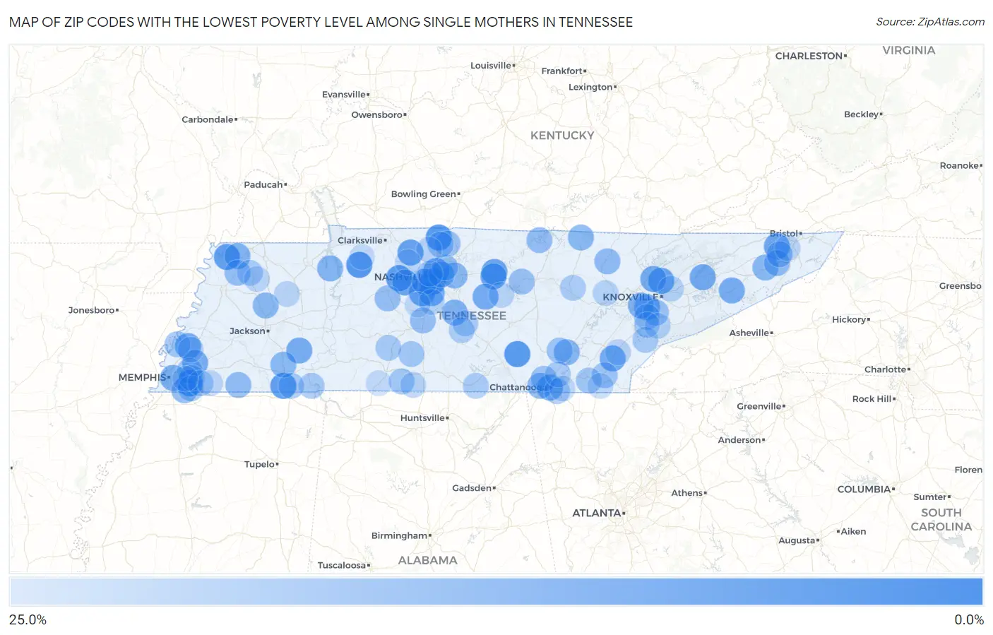 Zip Codes with the Lowest Poverty Level Among Single Mothers in Tennessee Map