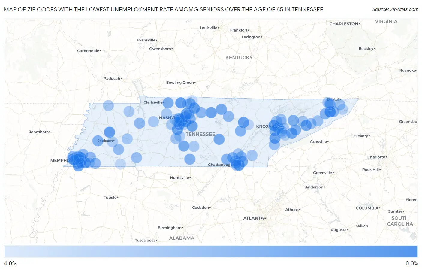 Zip Codes with the Lowest Unemployment Rate Amomg Seniors Over the Age of 65 in Tennessee Map