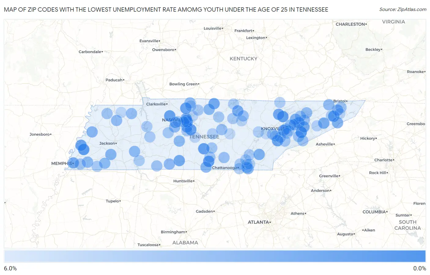 Zip Codes with the Lowest Unemployment Rate Amomg Youth Under the Age of 25 in Tennessee Map