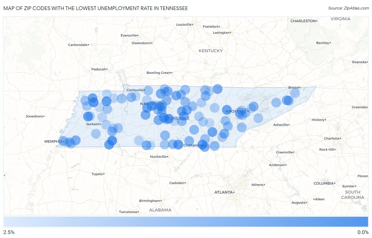 Zip Codes with the Lowest Unemployment Rate in Tennessee Map