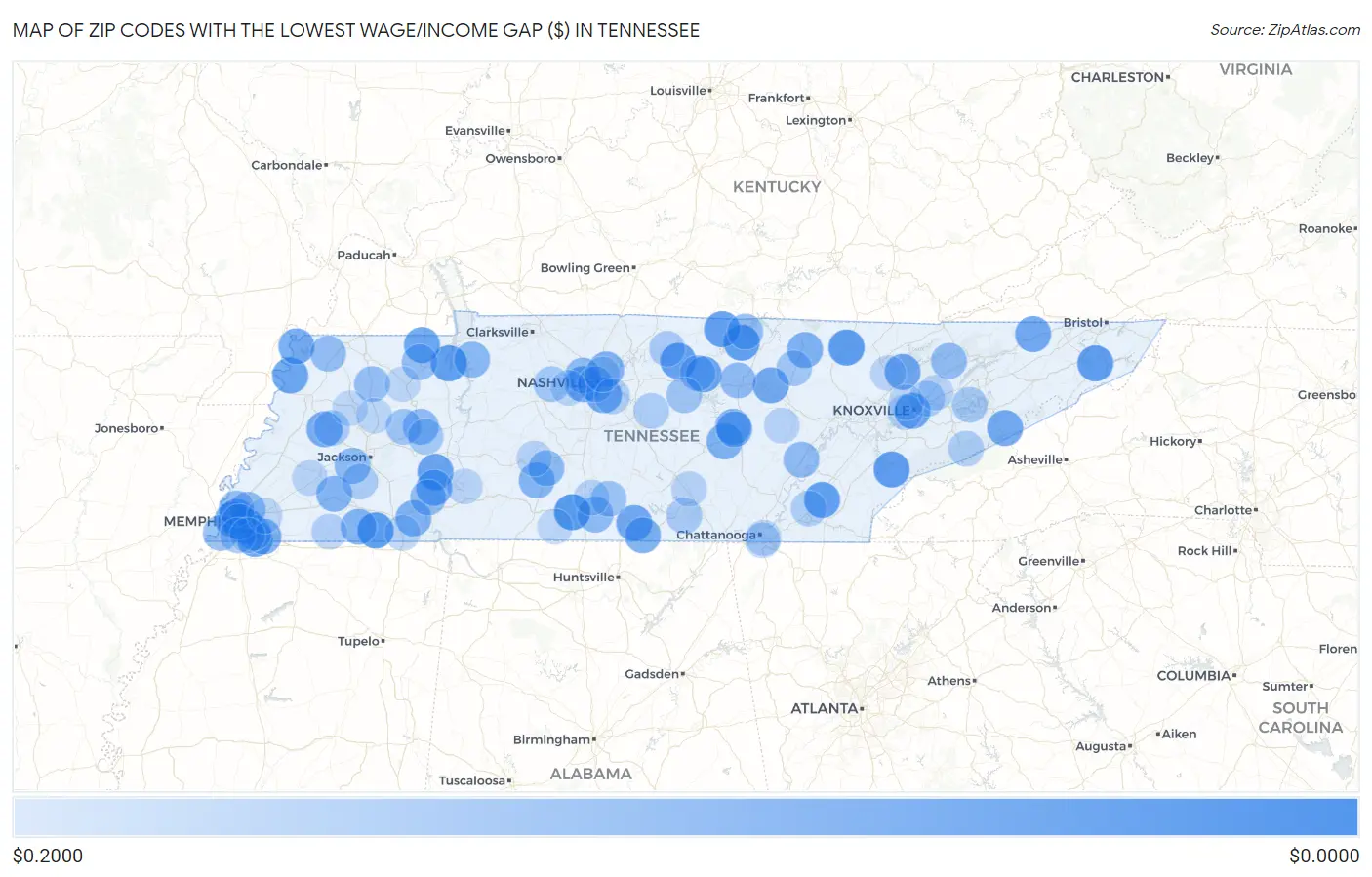 Zip Codes with the Lowest Wage/Income Gap ($) in Tennessee Map