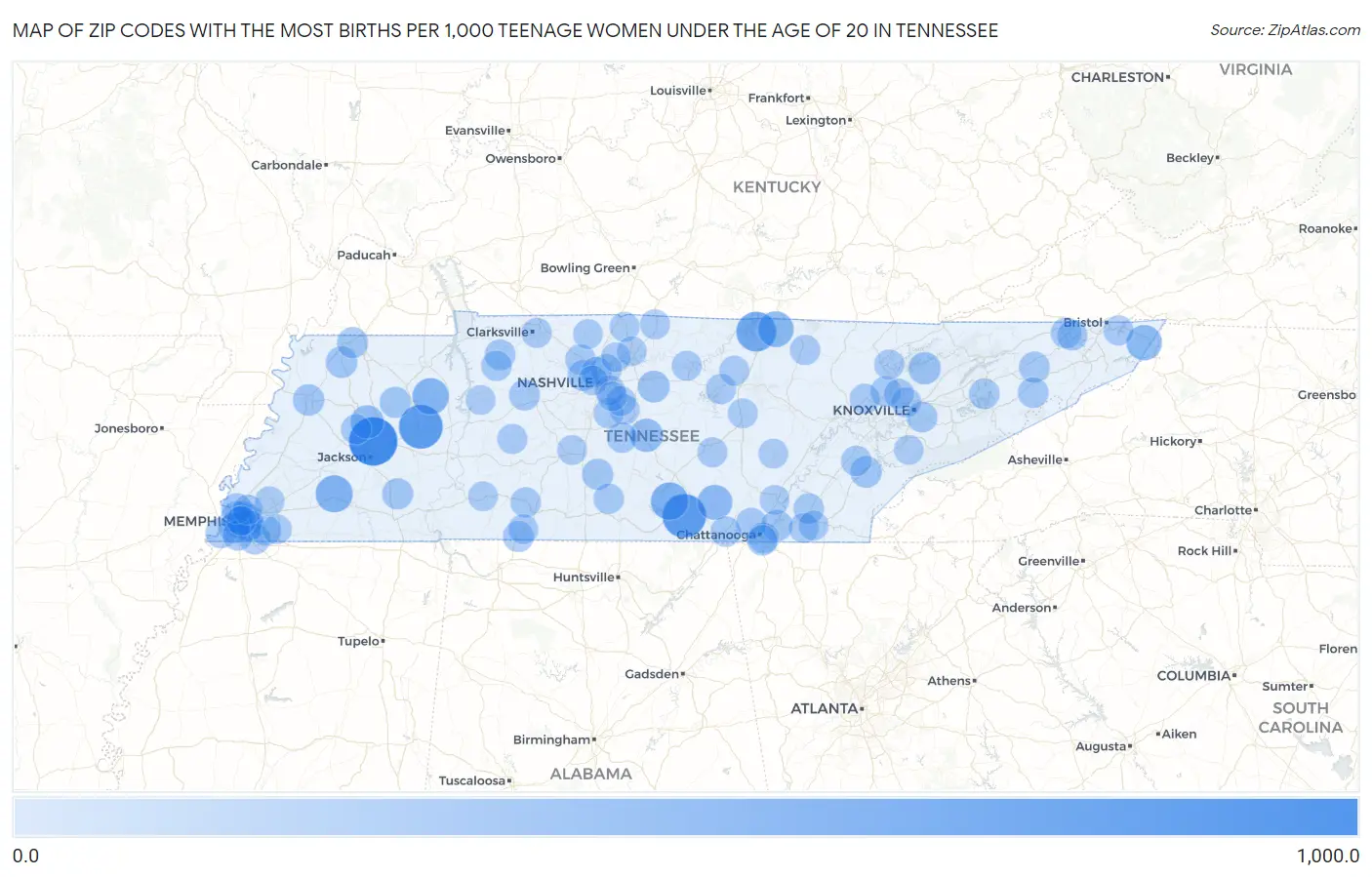 Zip Codes with the Most Births per 1,000 Teenage Women Under the Age of 20 in Tennessee Map