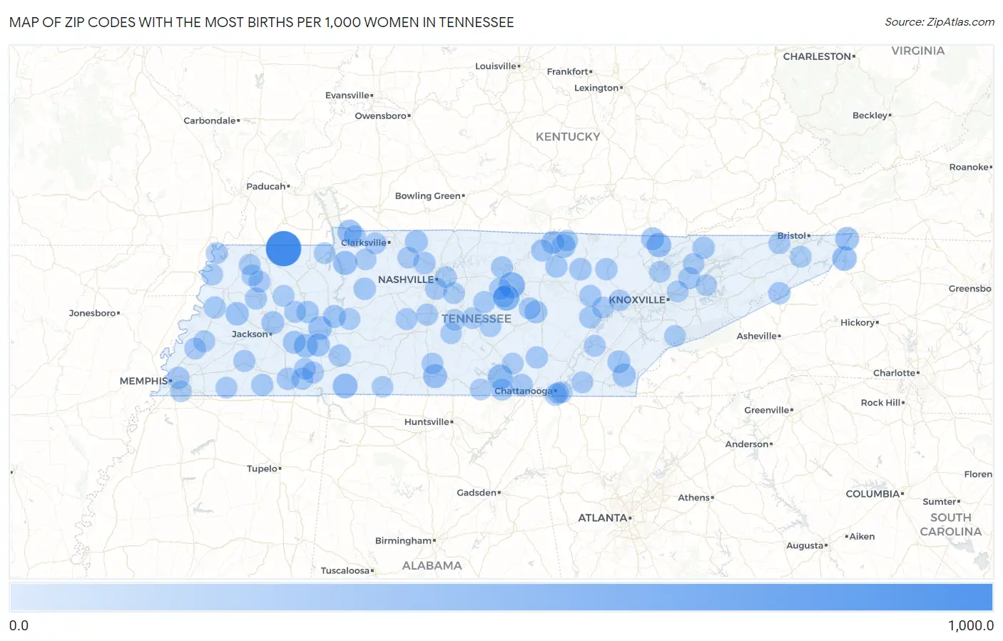 Zip Codes with the Most Births per 1,000 Women in Tennessee Map