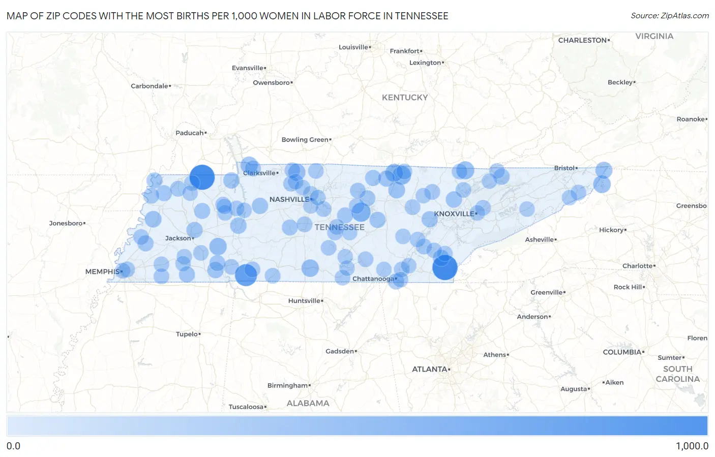 Zip Codes with the Most Births per 1,000 Women in Labor Force in Tennessee Map