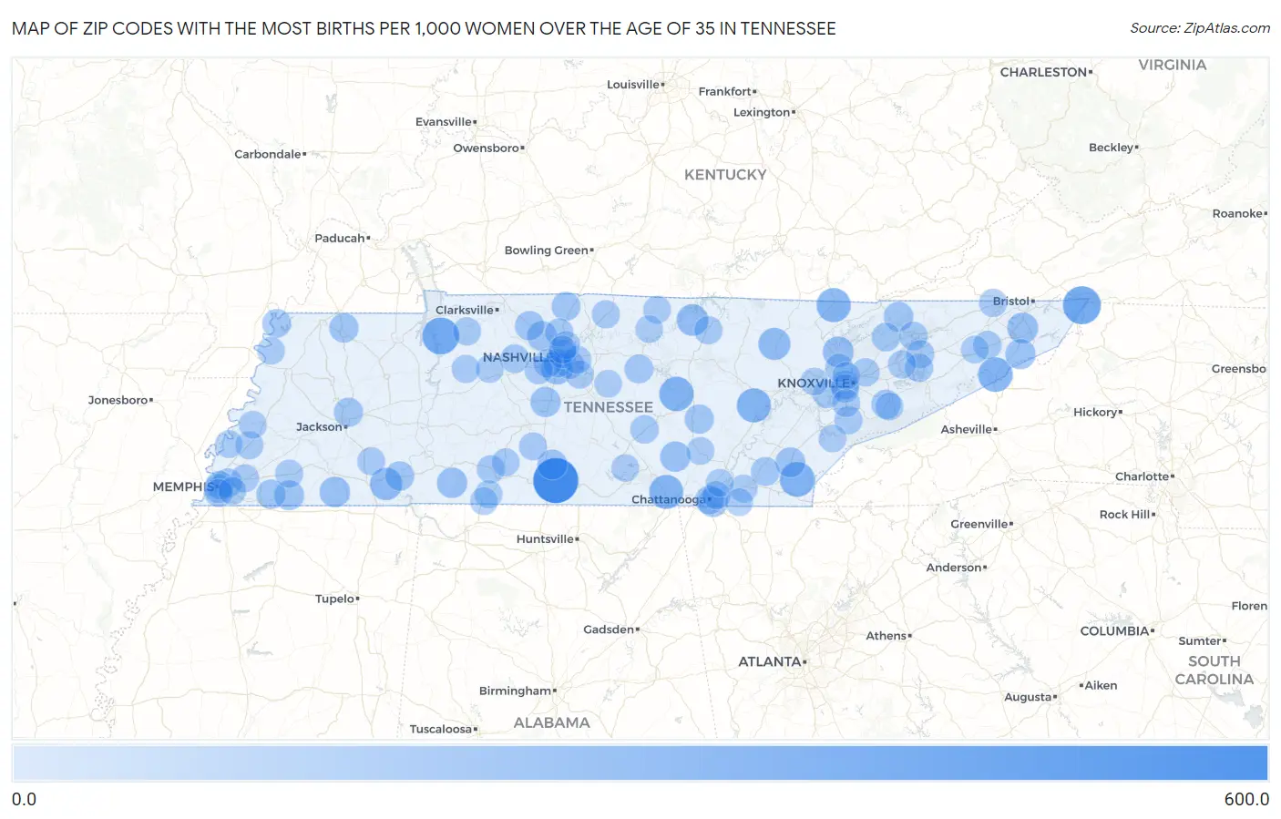 Zip Codes with the Most Births per 1,000 Women Over the Age of 35 in Tennessee Map