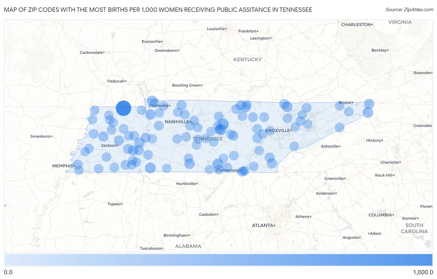 Zip Codes with the Most Births per 1,000 Women Receiving Public Assitance in Tennessee Map