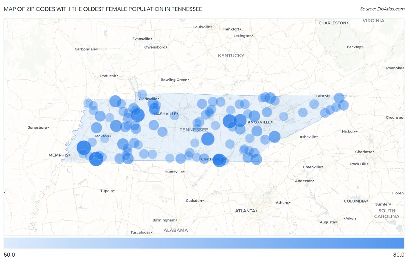 Zip Codes with the Oldest Female Population in Tennessee Map