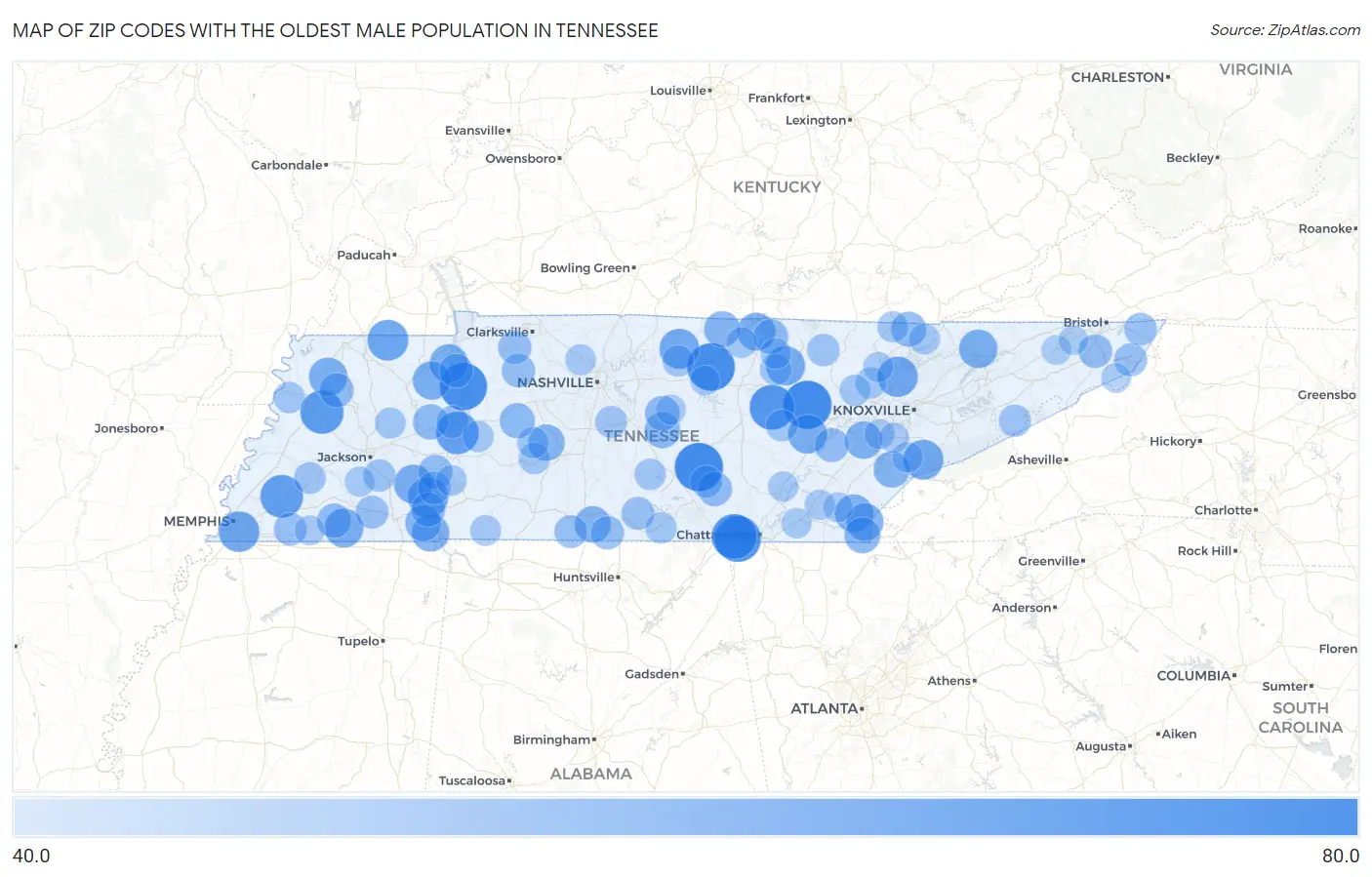 Zip Codes with the Oldest Male Population in Tennessee Map