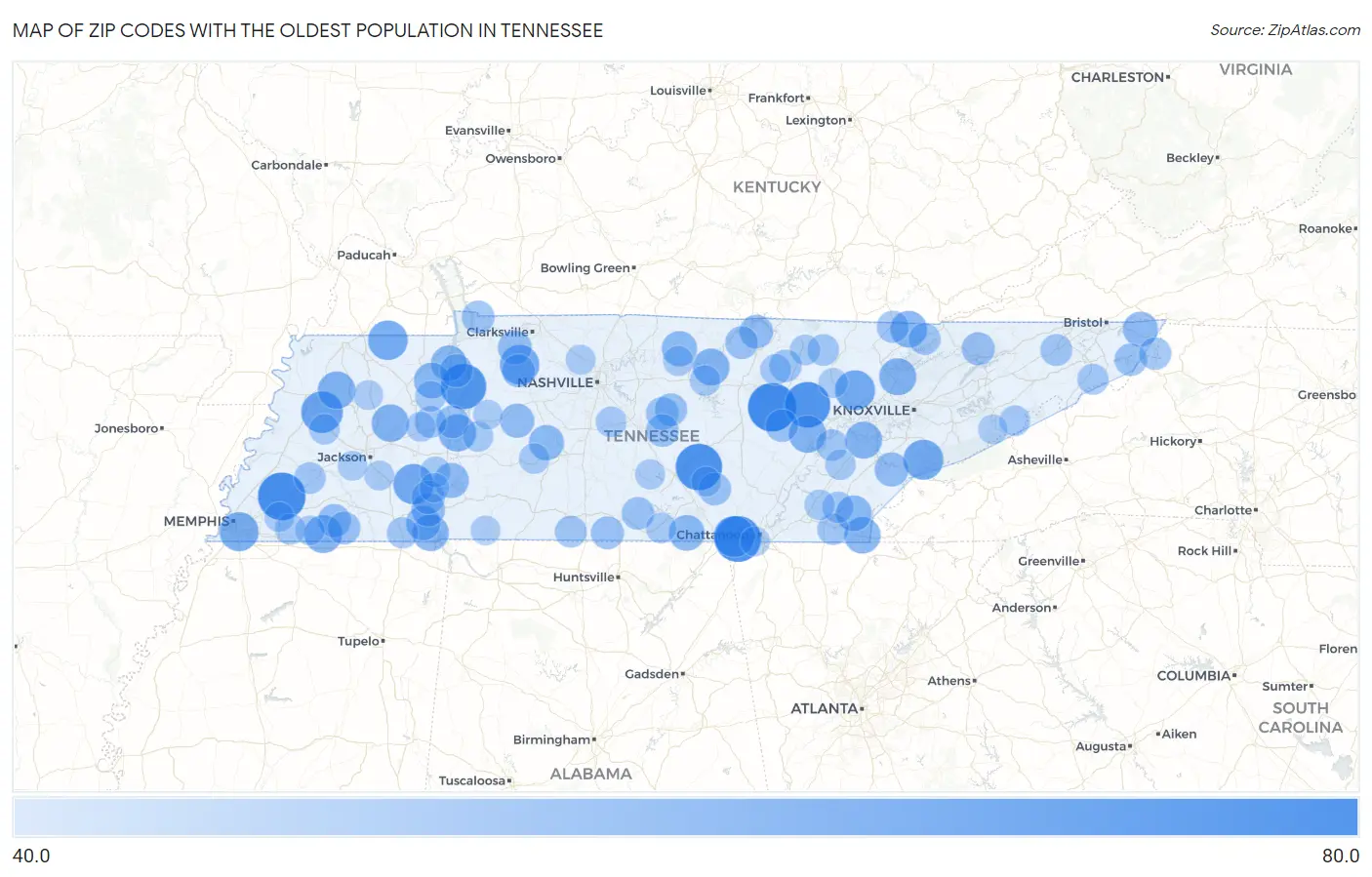 Zip Codes with the Oldest Population in Tennessee Map