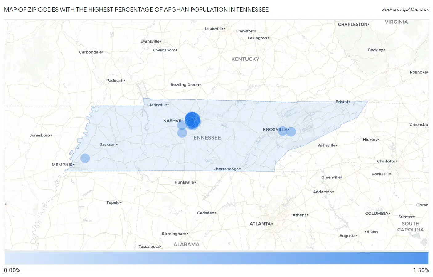 Zip Codes with the Highest Percentage of Afghan Population in Tennessee Map