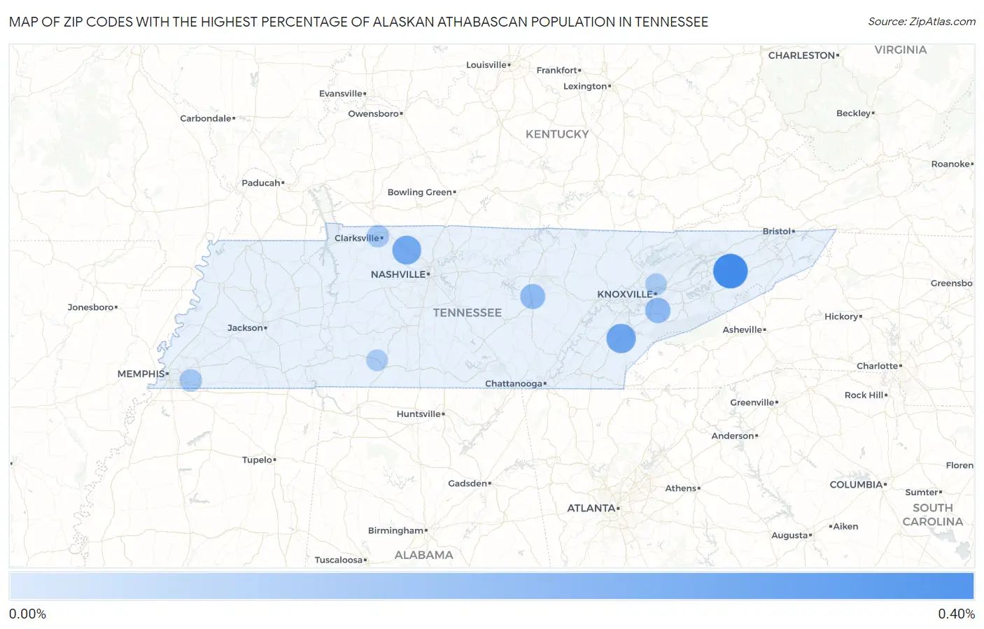 Zip Codes with the Highest Percentage of Alaskan Athabascan Population in Tennessee Map
