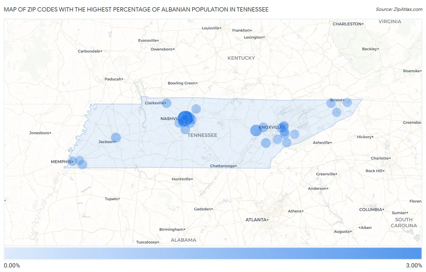 Zip Codes with the Highest Percentage of Albanian Population in Tennessee Map