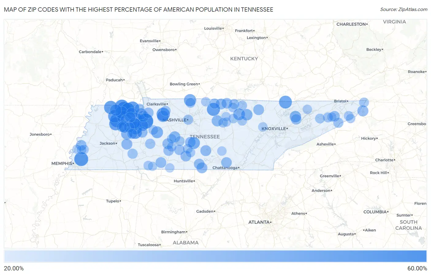 Zip Codes with the Highest Percentage of American Population in Tennessee Map