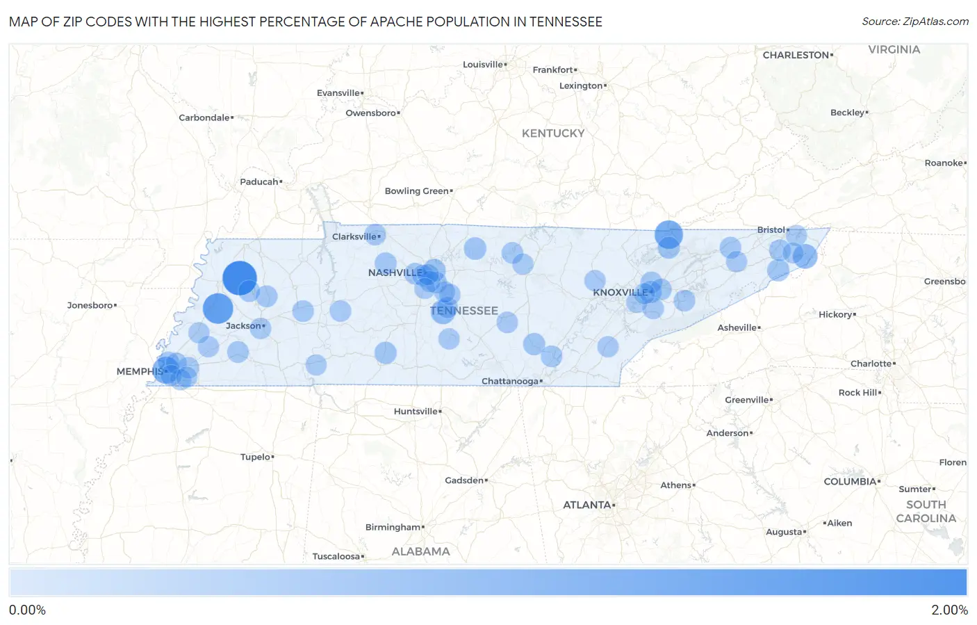 Zip Codes with the Highest Percentage of Apache Population in Tennessee Map