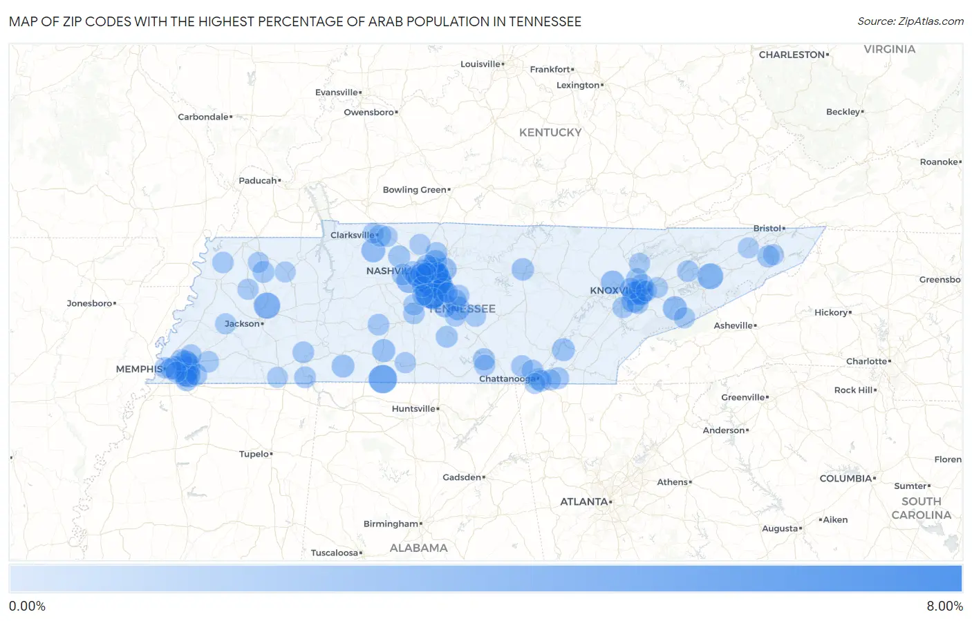 Zip Codes with the Highest Percentage of Arab Population in Tennessee Map