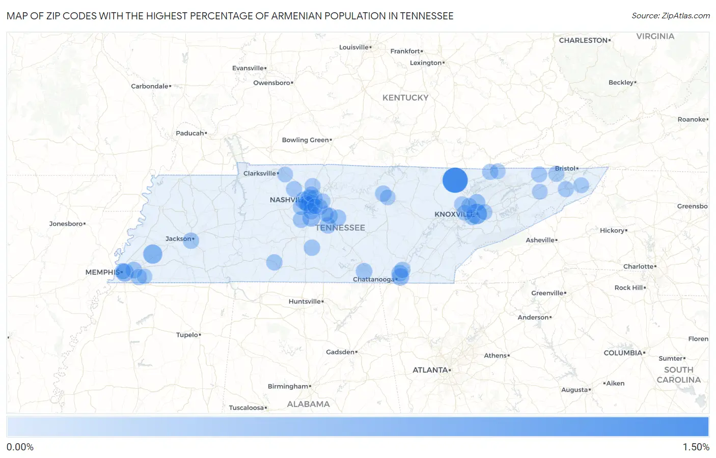 Zip Codes with the Highest Percentage of Armenian Population in Tennessee Map