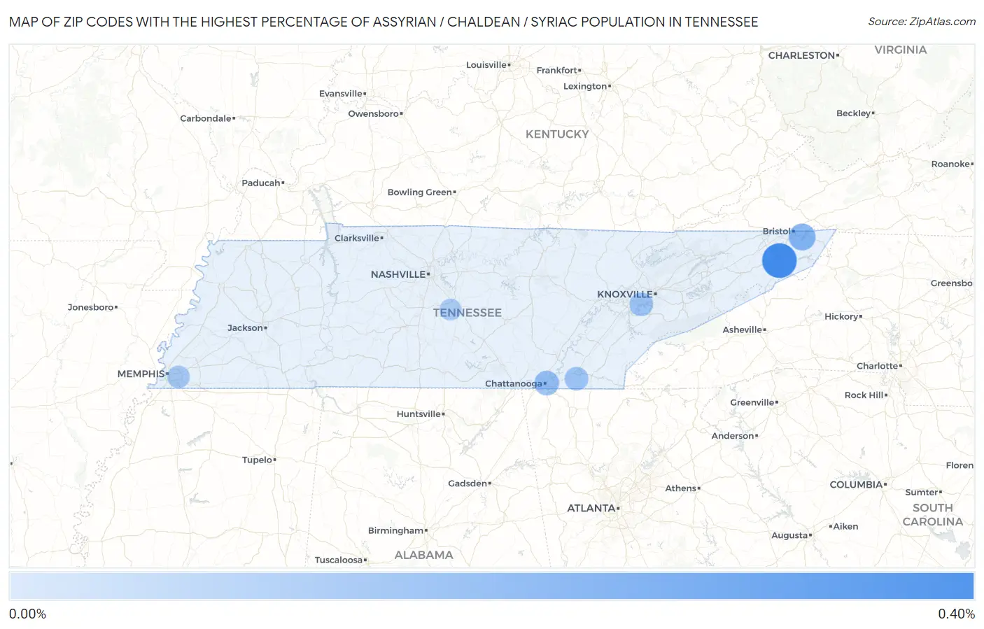 Zip Codes with the Highest Percentage of Assyrian / Chaldean / Syriac Population in Tennessee Map