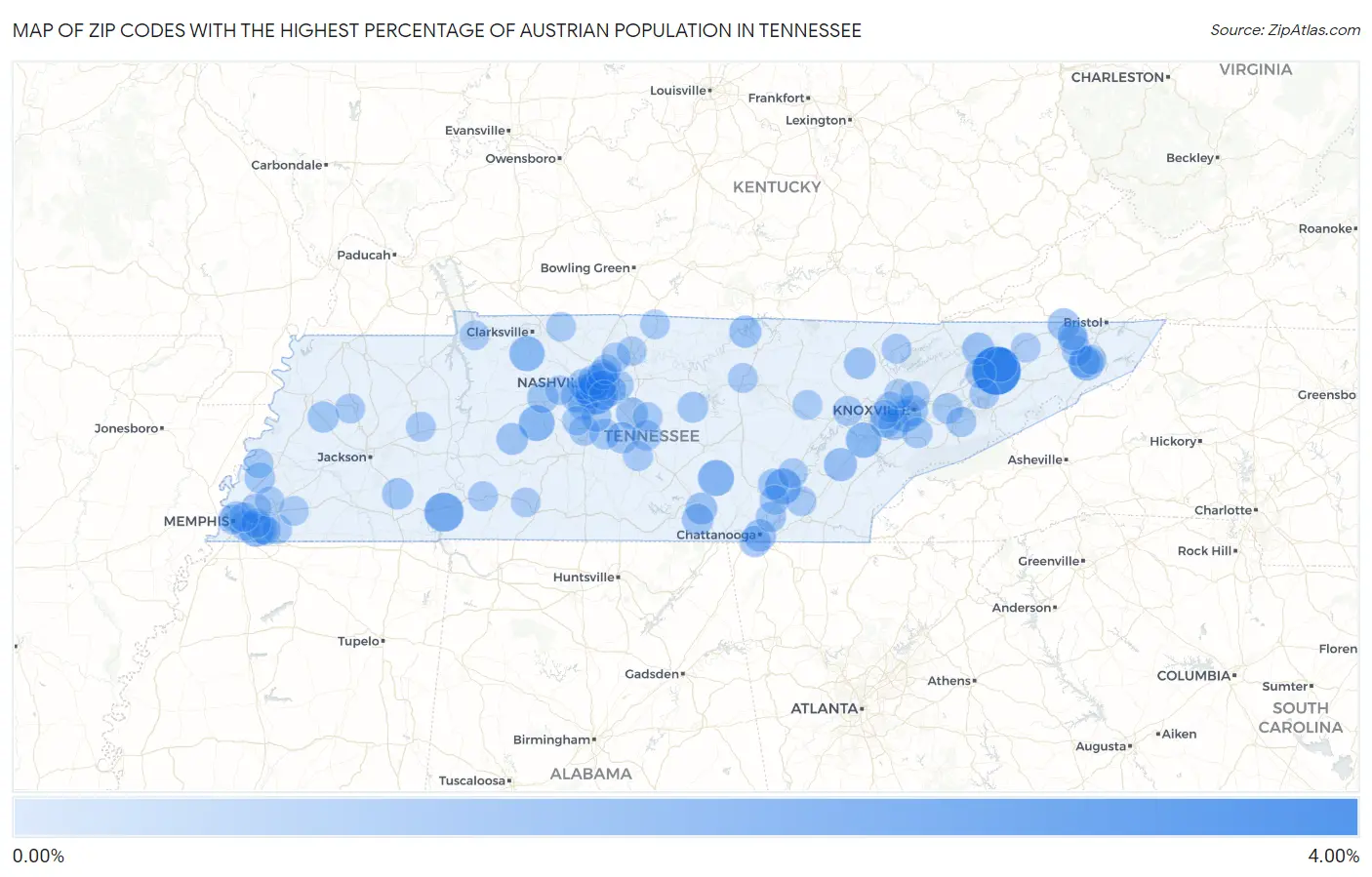 Zip Codes with the Highest Percentage of Austrian Population in Tennessee Map