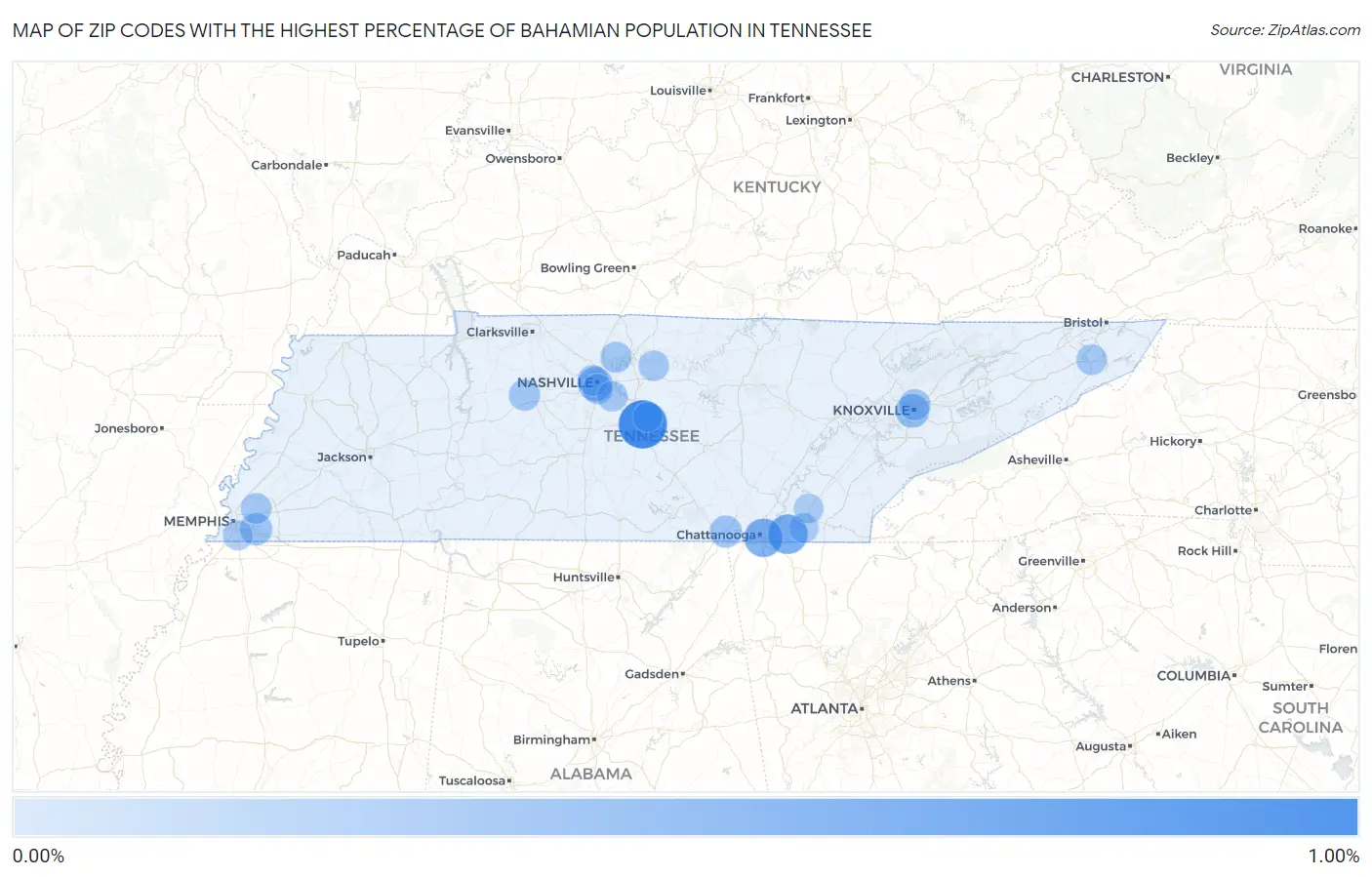 Zip Codes with the Highest Percentage of Bahamian Population in Tennessee Map