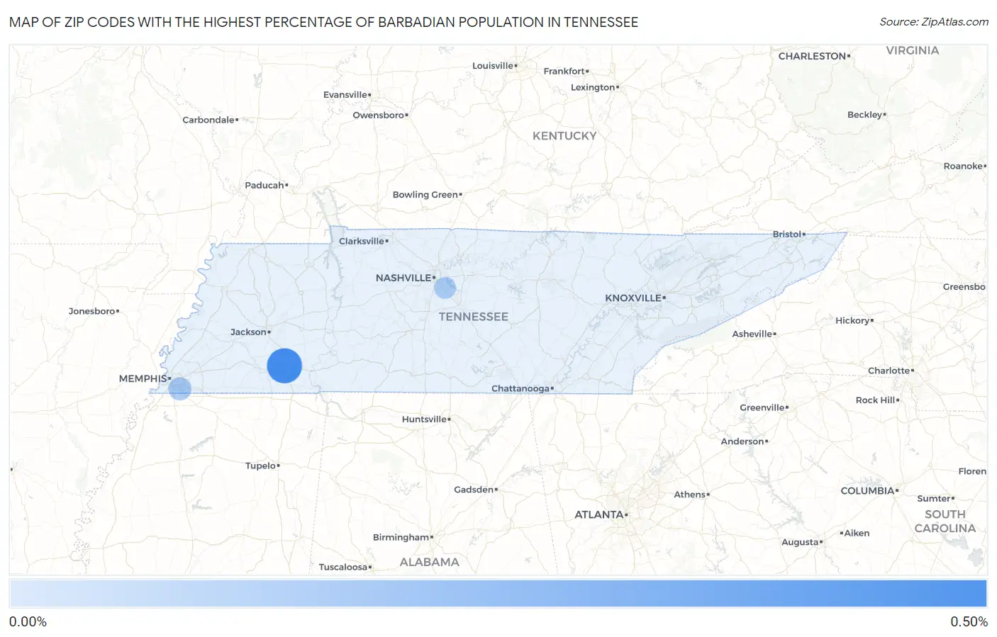 Zip Codes with the Highest Percentage of Barbadian Population in Tennessee Map