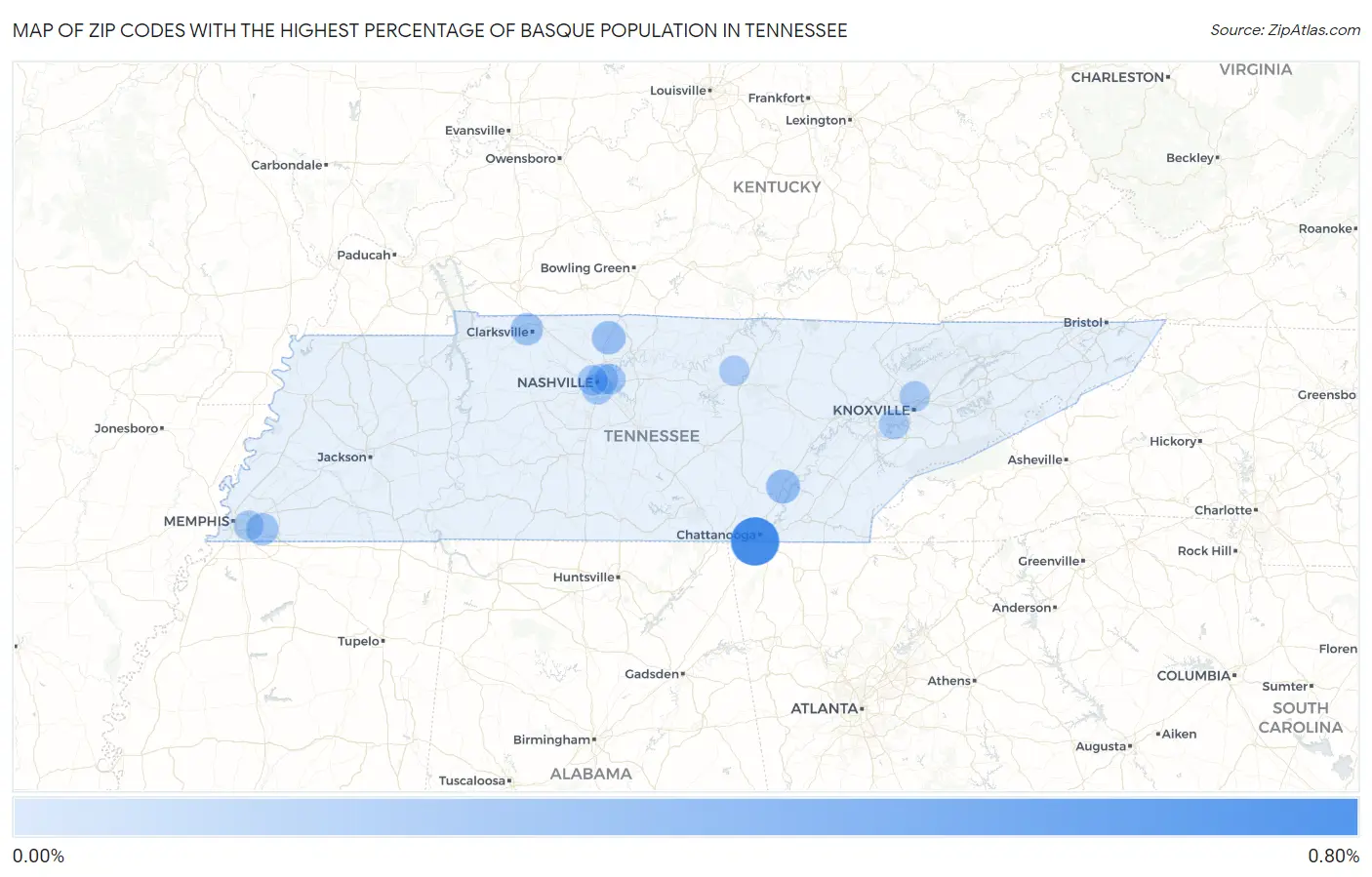 Zip Codes with the Highest Percentage of Basque Population in Tennessee Map