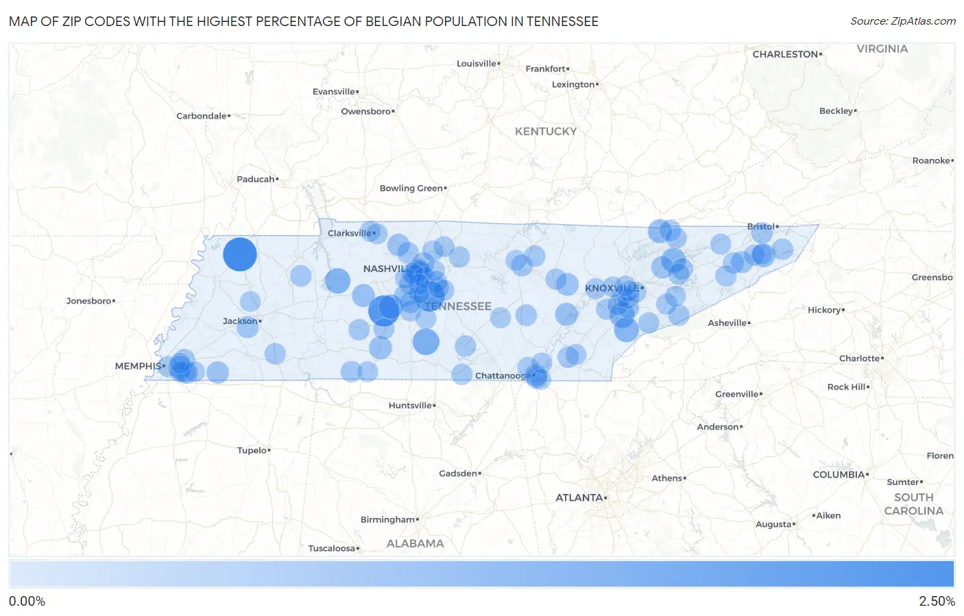 Zip Codes with the Highest Percentage of Belgian Population in Tennessee Map