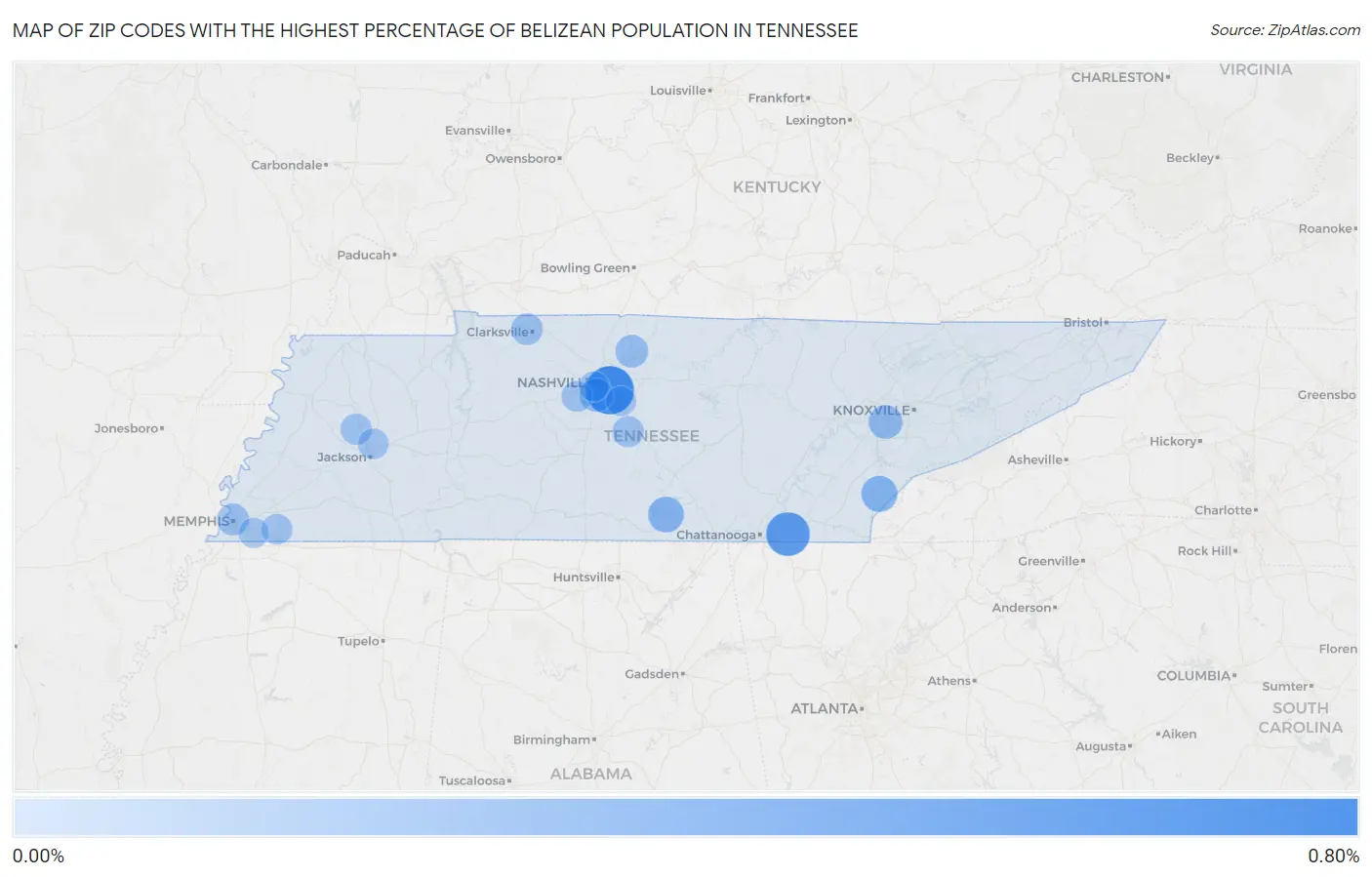 Zip Codes with the Highest Percentage of Belizean Population in Tennessee Map