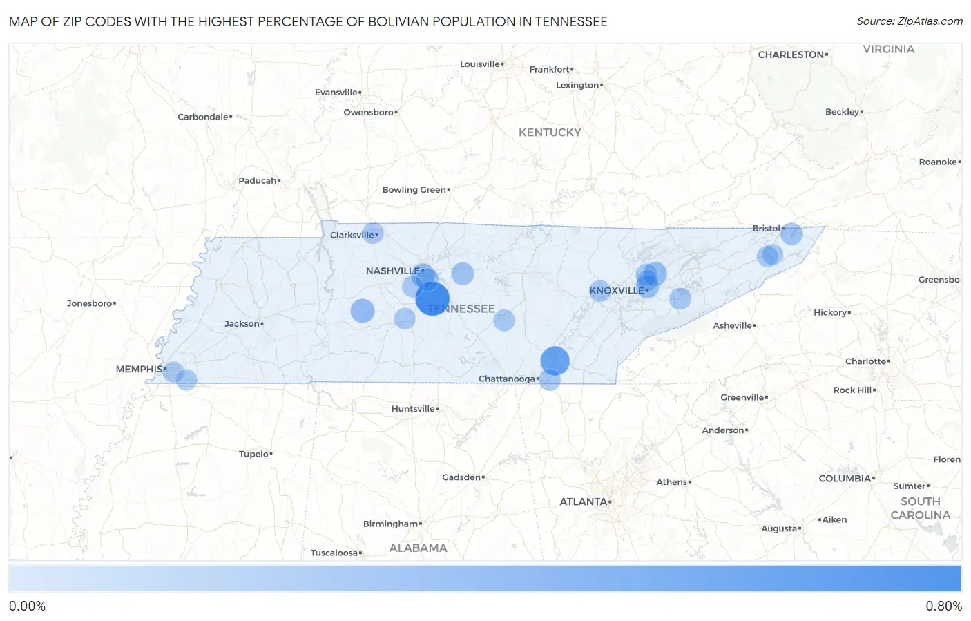 Zip Codes with the Highest Percentage of Bolivian Population in Tennessee Map