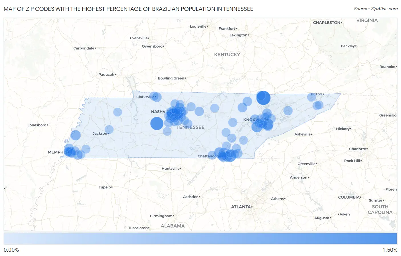 Zip Codes with the Highest Percentage of Brazilian Population in Tennessee Map