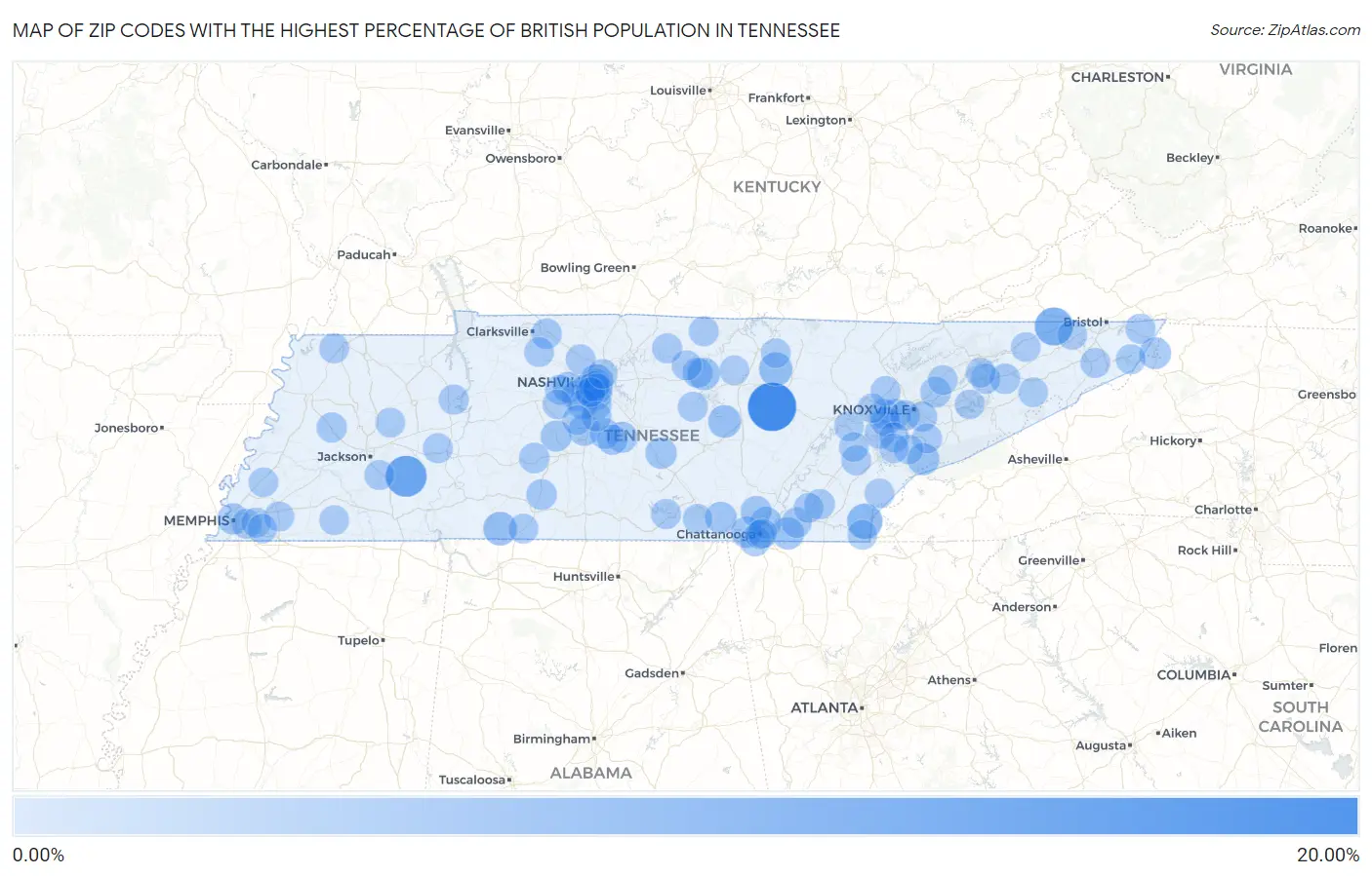 Zip Codes with the Highest Percentage of British Population in Tennessee Map