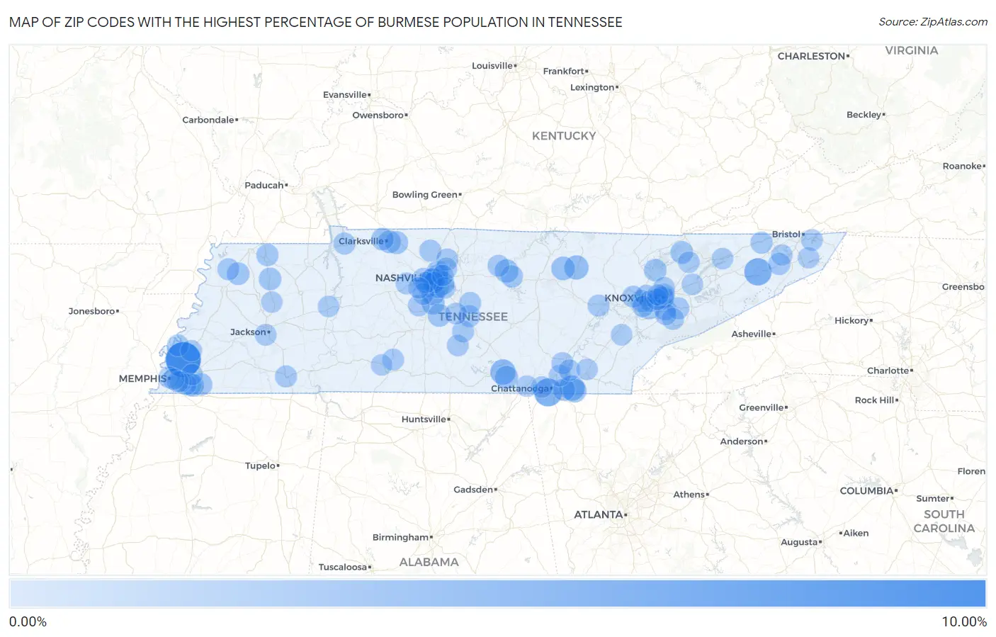 Zip Codes with the Highest Percentage of Burmese Population in Tennessee Map