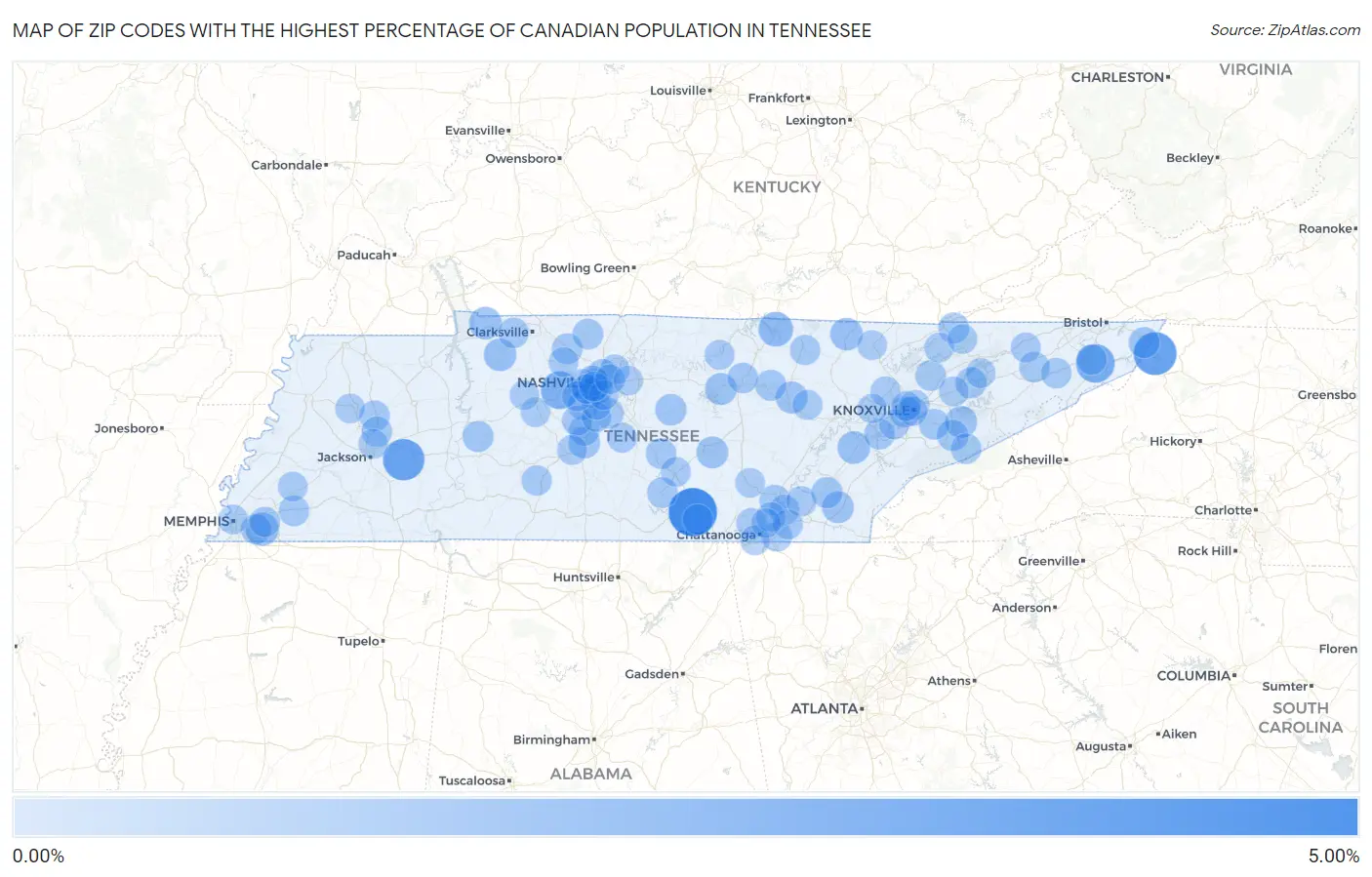 Zip Codes with the Highest Percentage of Canadian Population in Tennessee Map