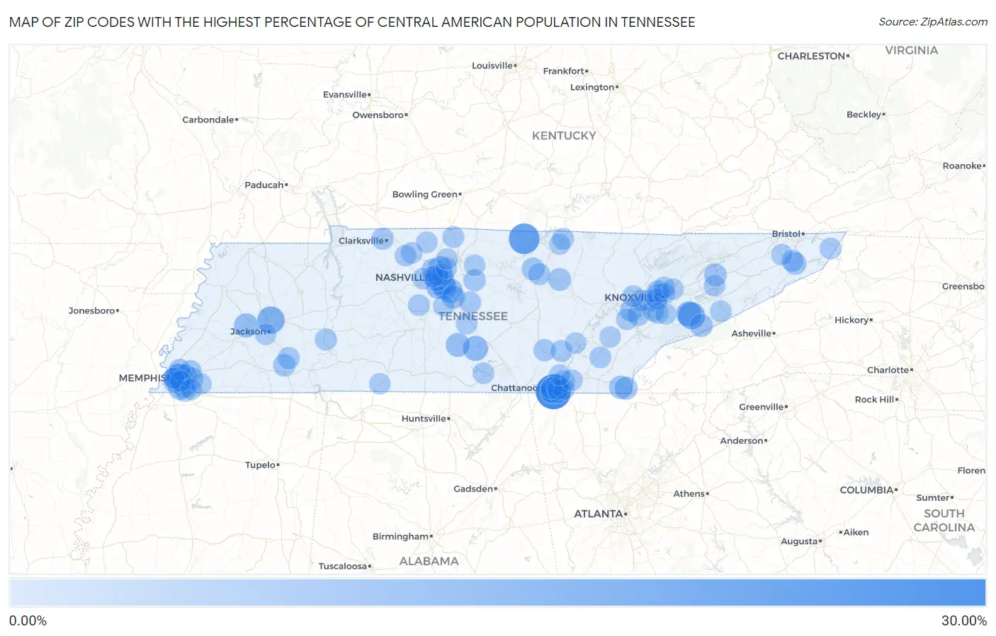 Zip Codes with the Highest Percentage of Central American Population in Tennessee Map