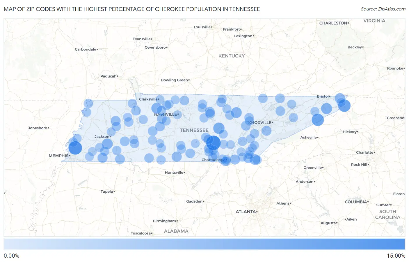 Zip Codes with the Highest Percentage of Cherokee Population in Tennessee Map