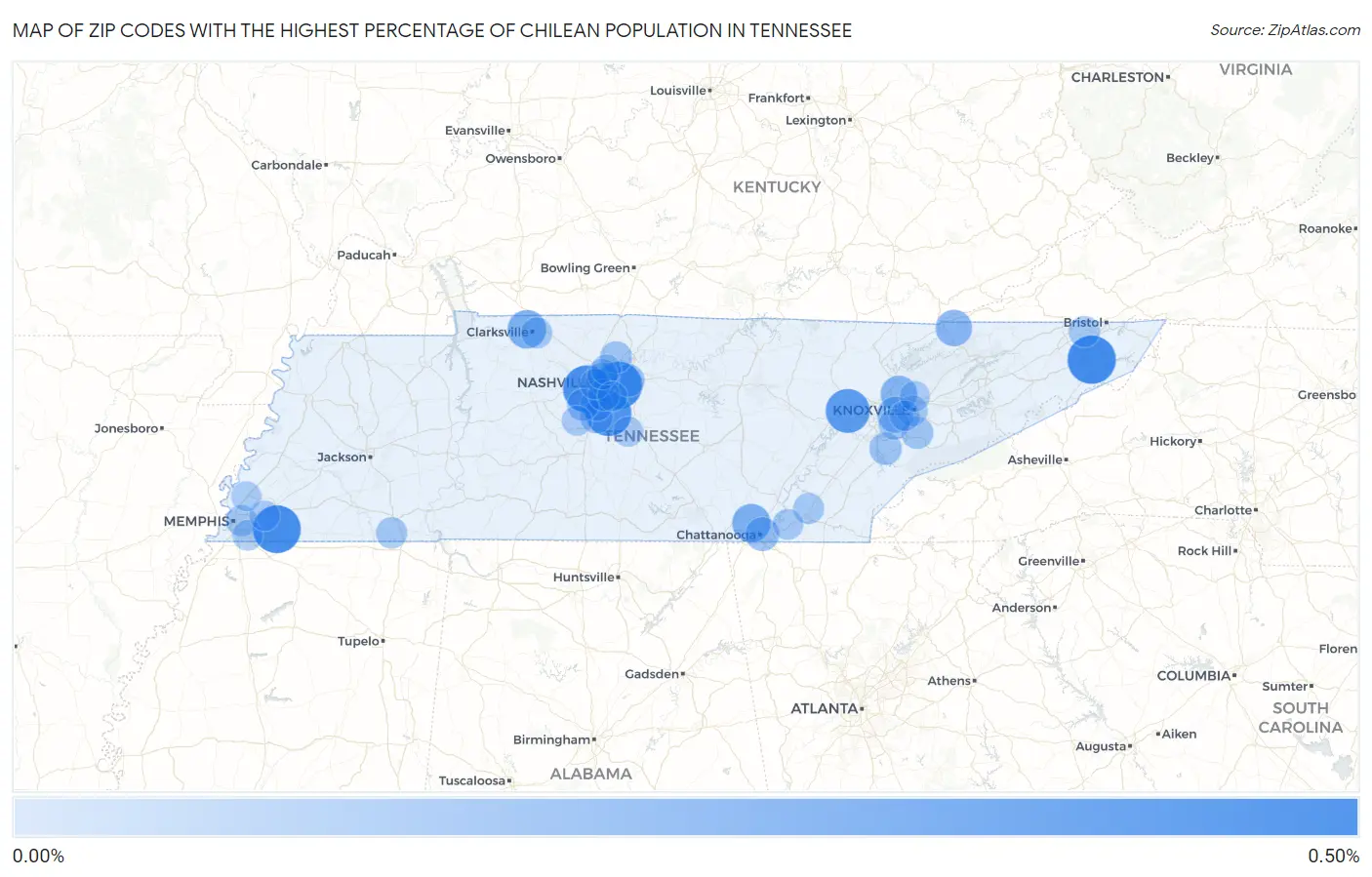 Zip Codes with the Highest Percentage of Chilean Population in Tennessee Map