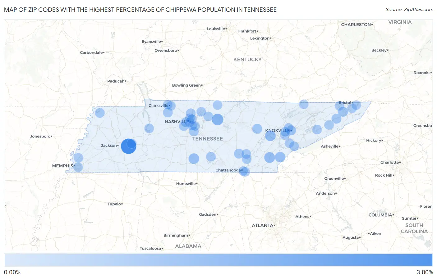Zip Codes with the Highest Percentage of Chippewa Population in Tennessee Map