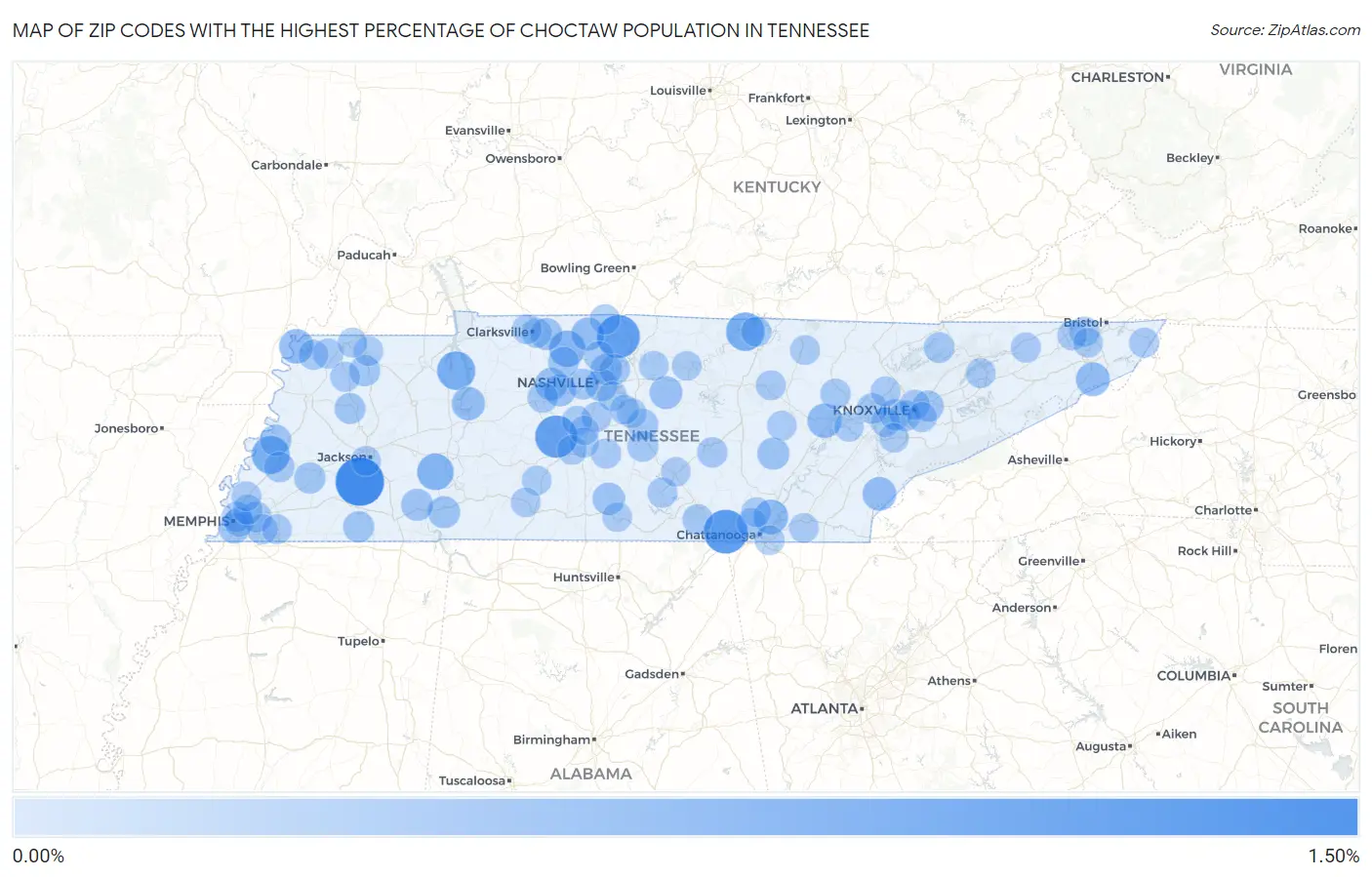 Zip Codes with the Highest Percentage of Choctaw Population in Tennessee Map