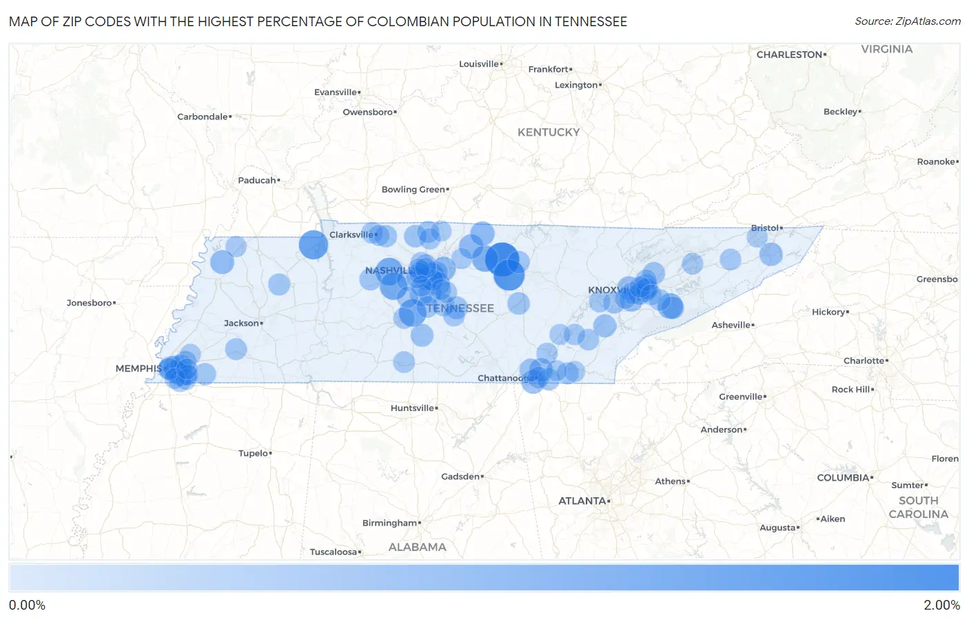 Zip Codes with the Highest Percentage of Colombian Population in Tennessee Map