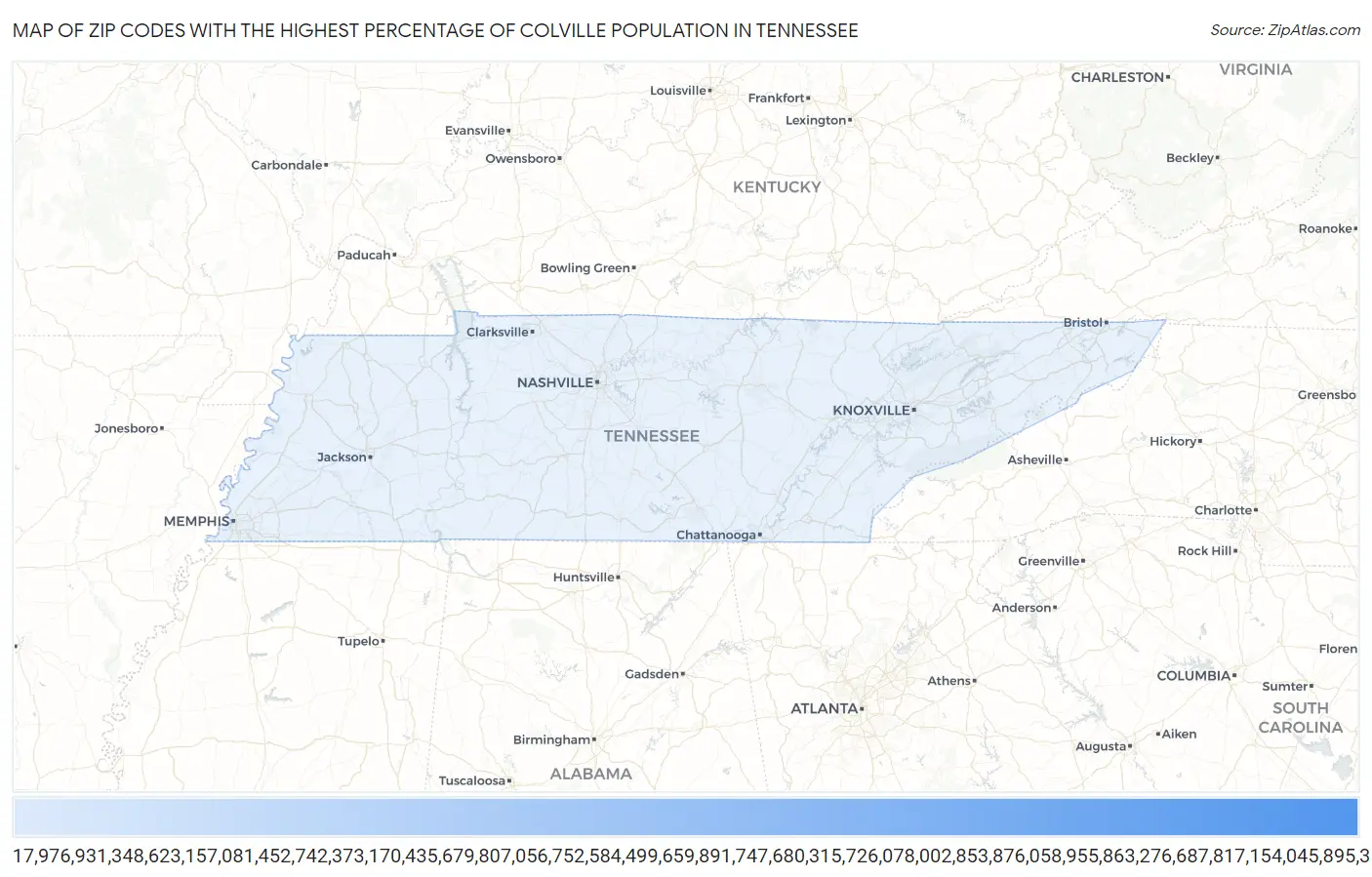Zip Codes with the Highest Percentage of Colville Population in Tennessee Map