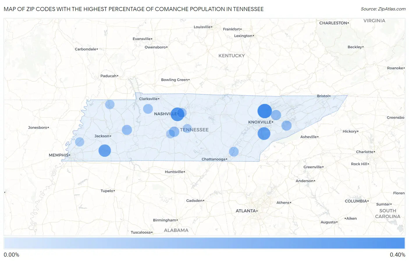 Zip Codes with the Highest Percentage of Comanche Population in Tennessee Map
