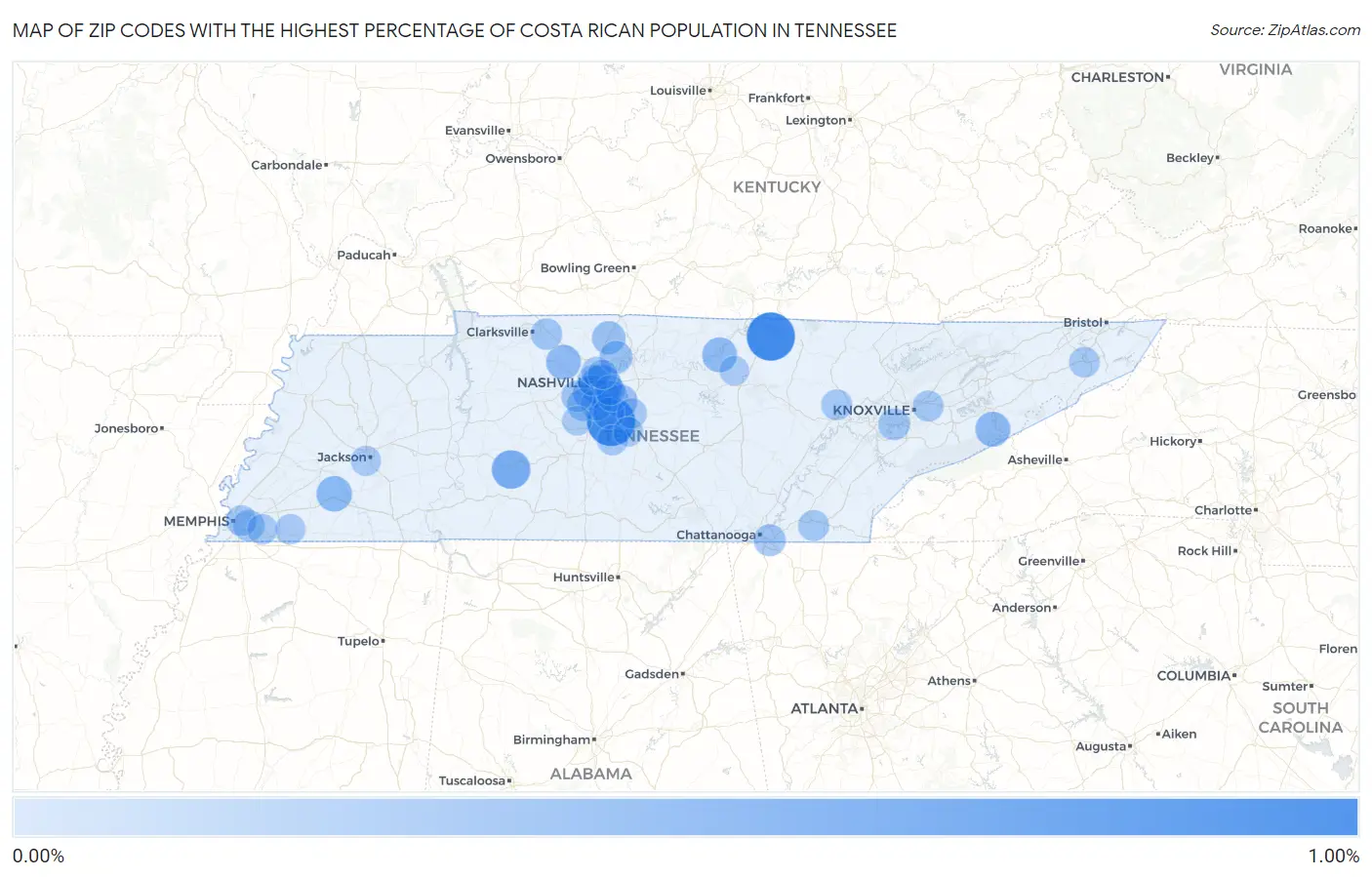 Zip Codes with the Highest Percentage of Costa Rican Population in Tennessee Map