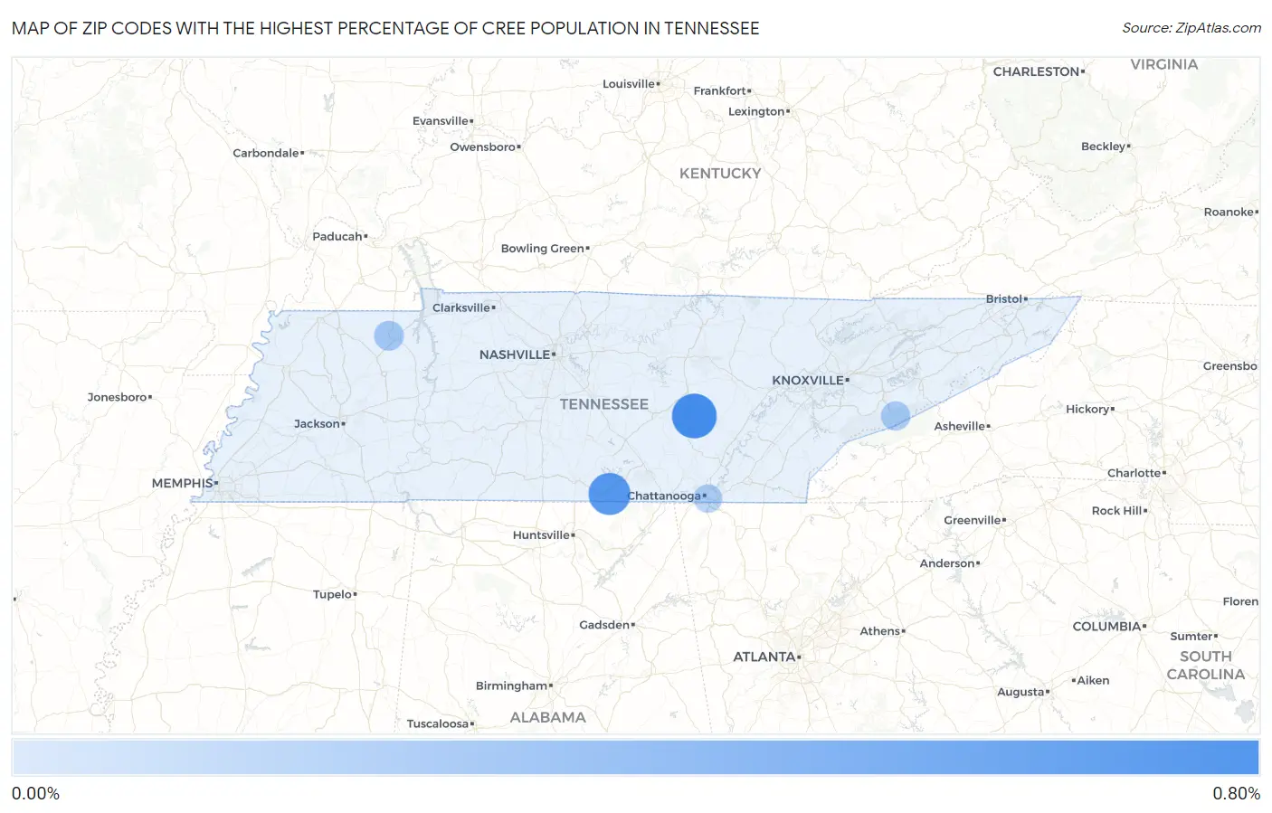 Zip Codes with the Highest Percentage of Cree Population in Tennessee Map