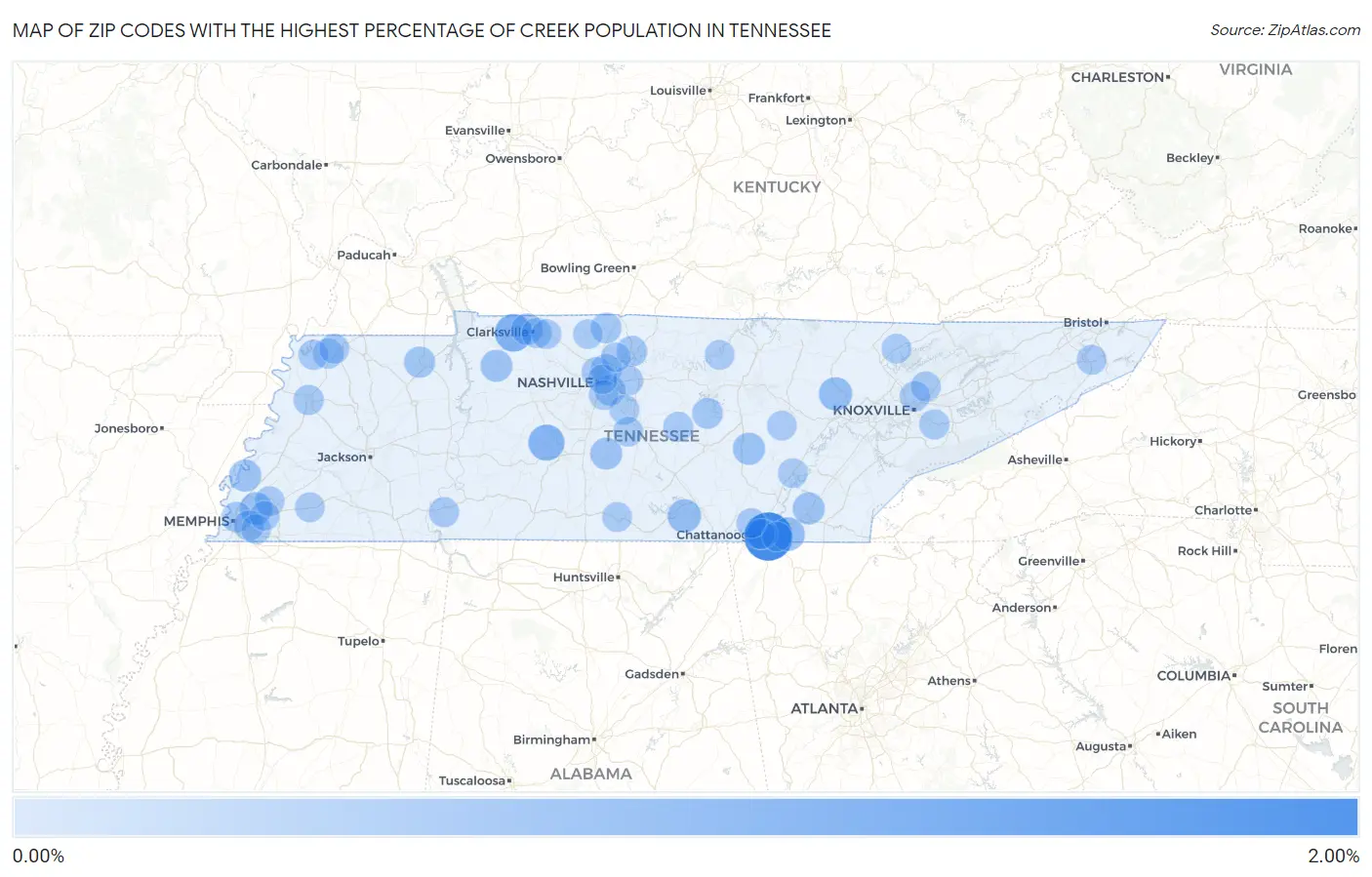 Zip Codes with the Highest Percentage of Creek Population in Tennessee Map