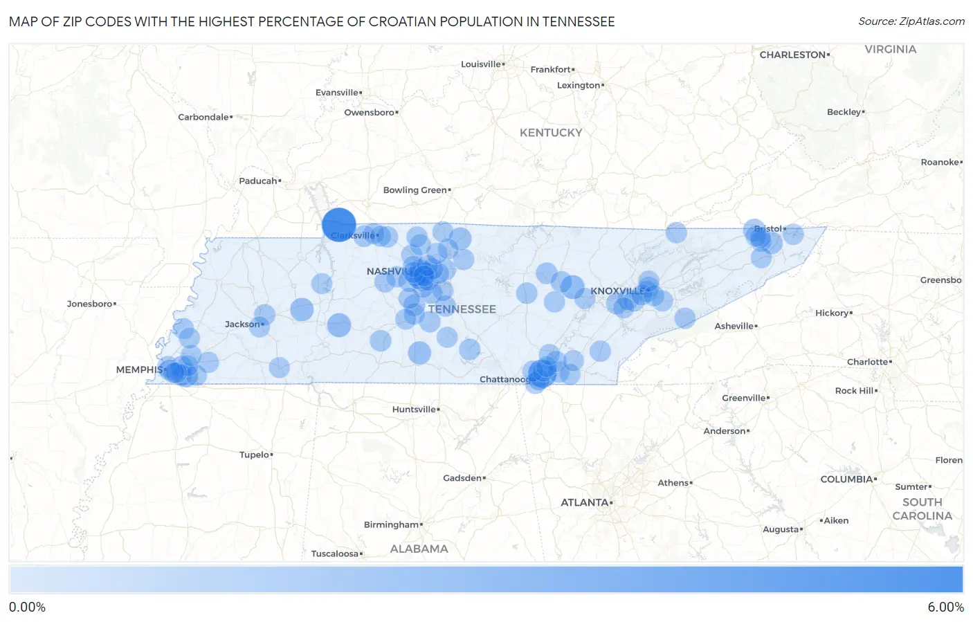 Zip Codes with the Highest Percentage of Croatian Population in Tennessee Map