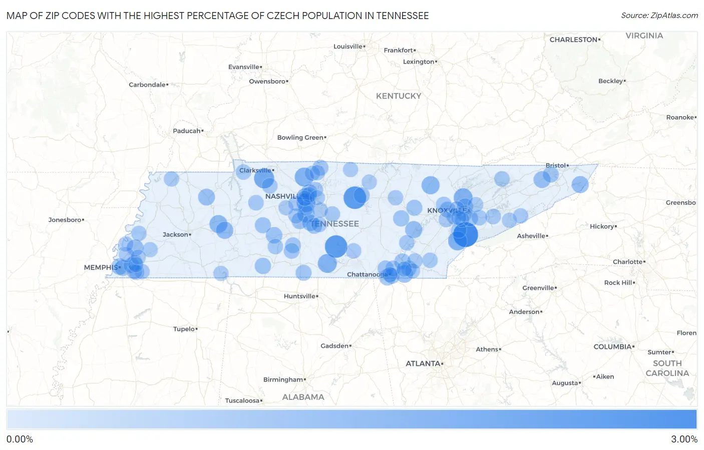 Zip Codes with the Highest Percentage of Czech Population in Tennessee Map
