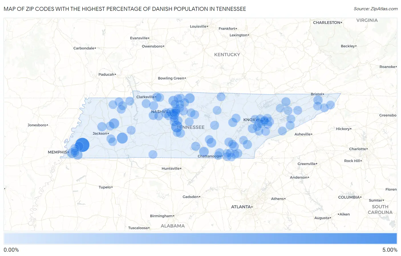 Zip Codes with the Highest Percentage of Danish Population in Tennessee Map