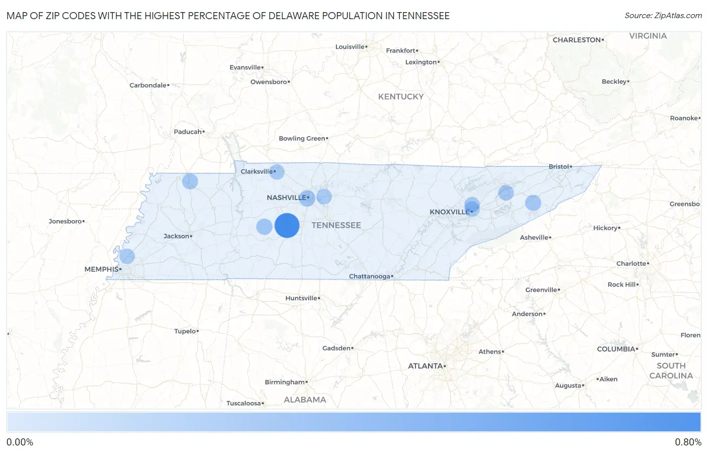 Zip Codes with the Highest Percentage of Delaware Population in Tennessee Map