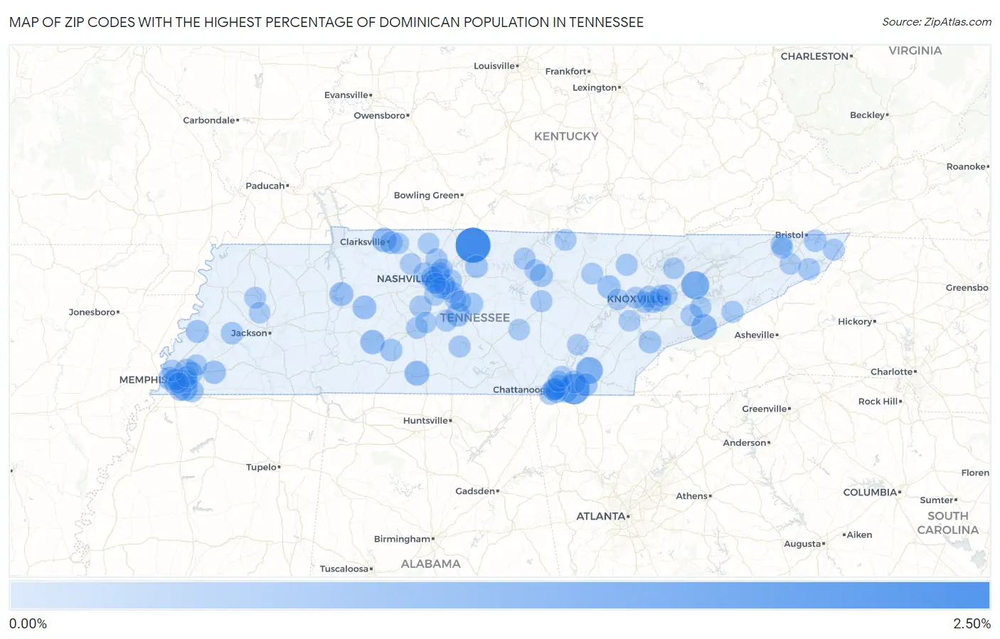 Zip Codes with the Highest Percentage of Dominican Population in Tennessee Map